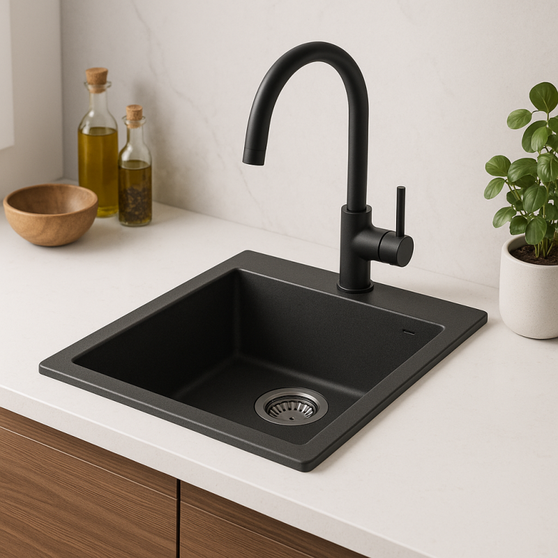 GraniteMy Бремен гранитна мивка 40x50 см черна за монтаж върху плот, под плот и на равнище с плот с отвор за смесител с неръждаема стоманена тапа 1208967278